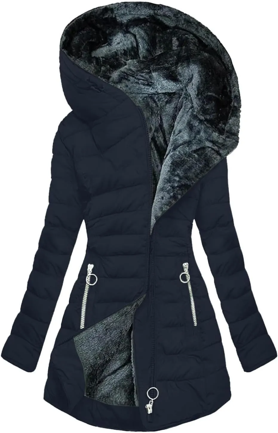 Fuzzy Fleece Jacket for Women with Zipper Pockets Long Sleeve Solid Color Hooded Jackets Open Front Full Zip Up Coat