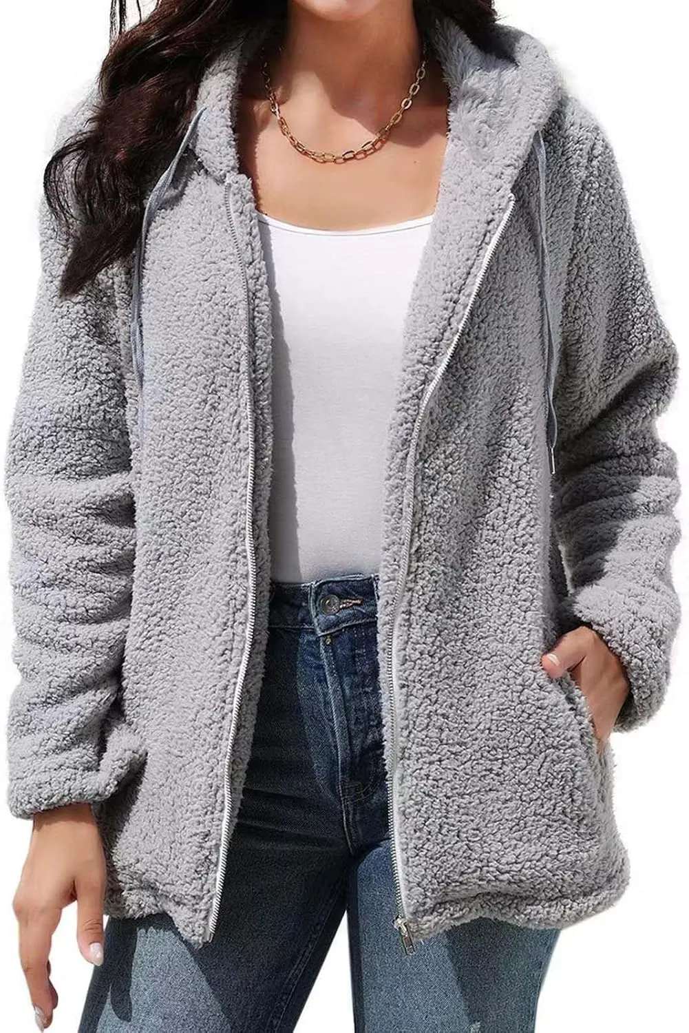 Fuzzy Fleece Jackets for Women Long Sleeve Drawstring Full Zip Jacket Solid Color Loose Fit Lightweight Warm Coats