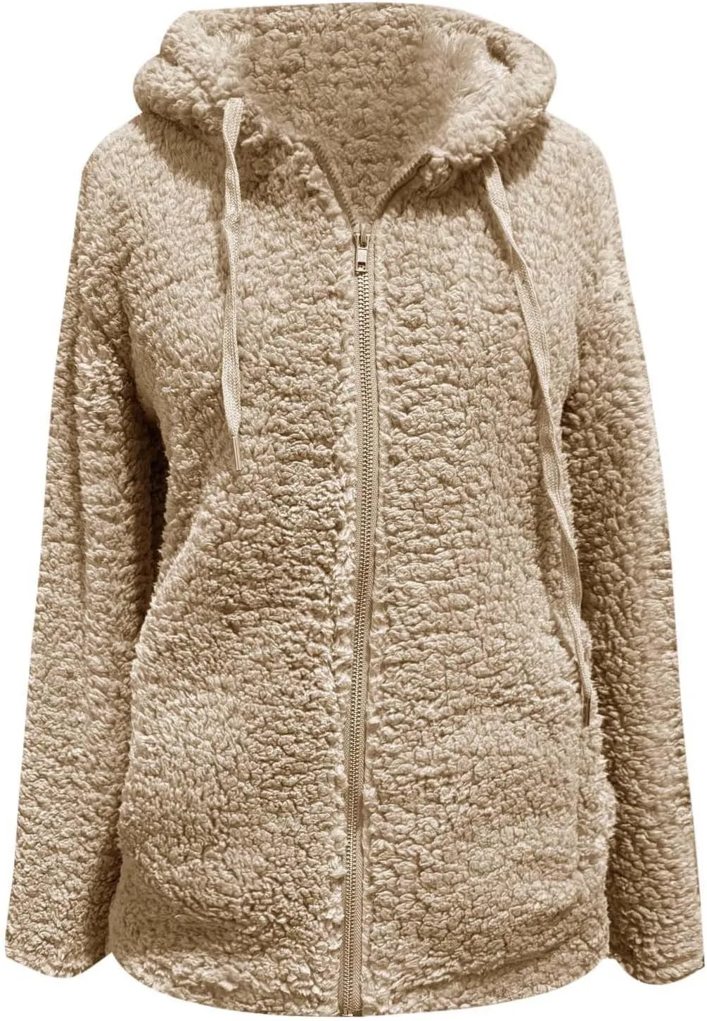 Fuzzy Fleece Jackets for Women Long Sleeve Drawstring Full Zip Jacket Solid Color Loose Fit Lightweight Warm Coats