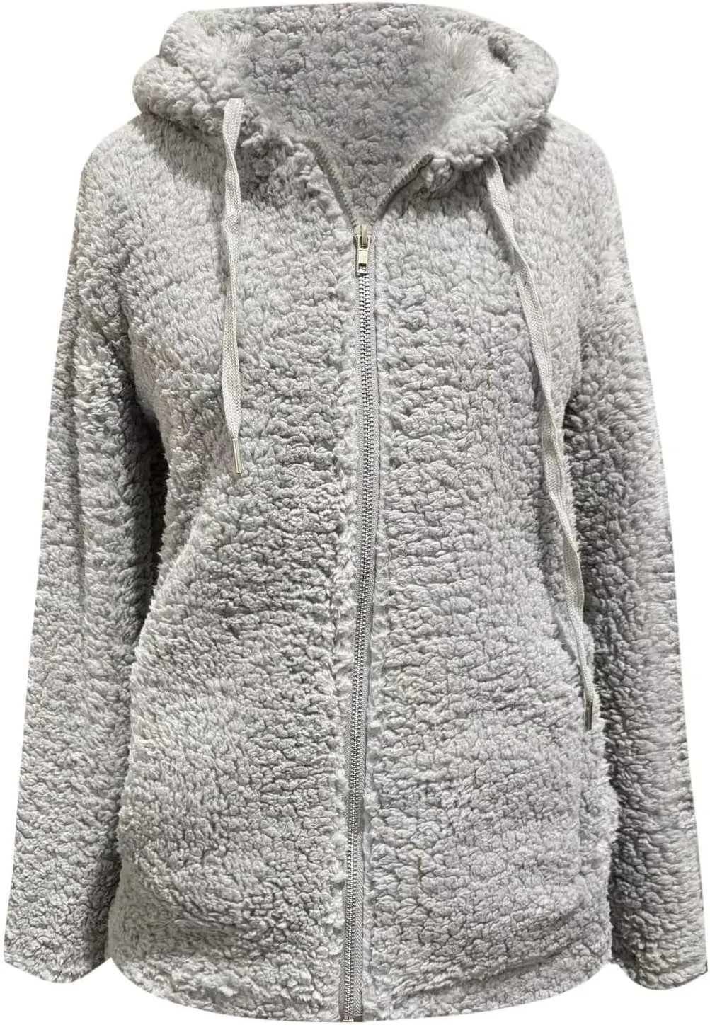 Fuzzy Fleece Jackets for Women Long Sleeve Drawstring Full Zip Jacket Solid Color Loose Fit Lightweight Warm Coats