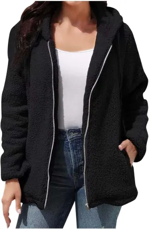 Fuzzy Fleece Jackets for Women Long Sleeve Drawstring Full Zip Jacket Solid Color Loose Fit Lightweight Warm Coats