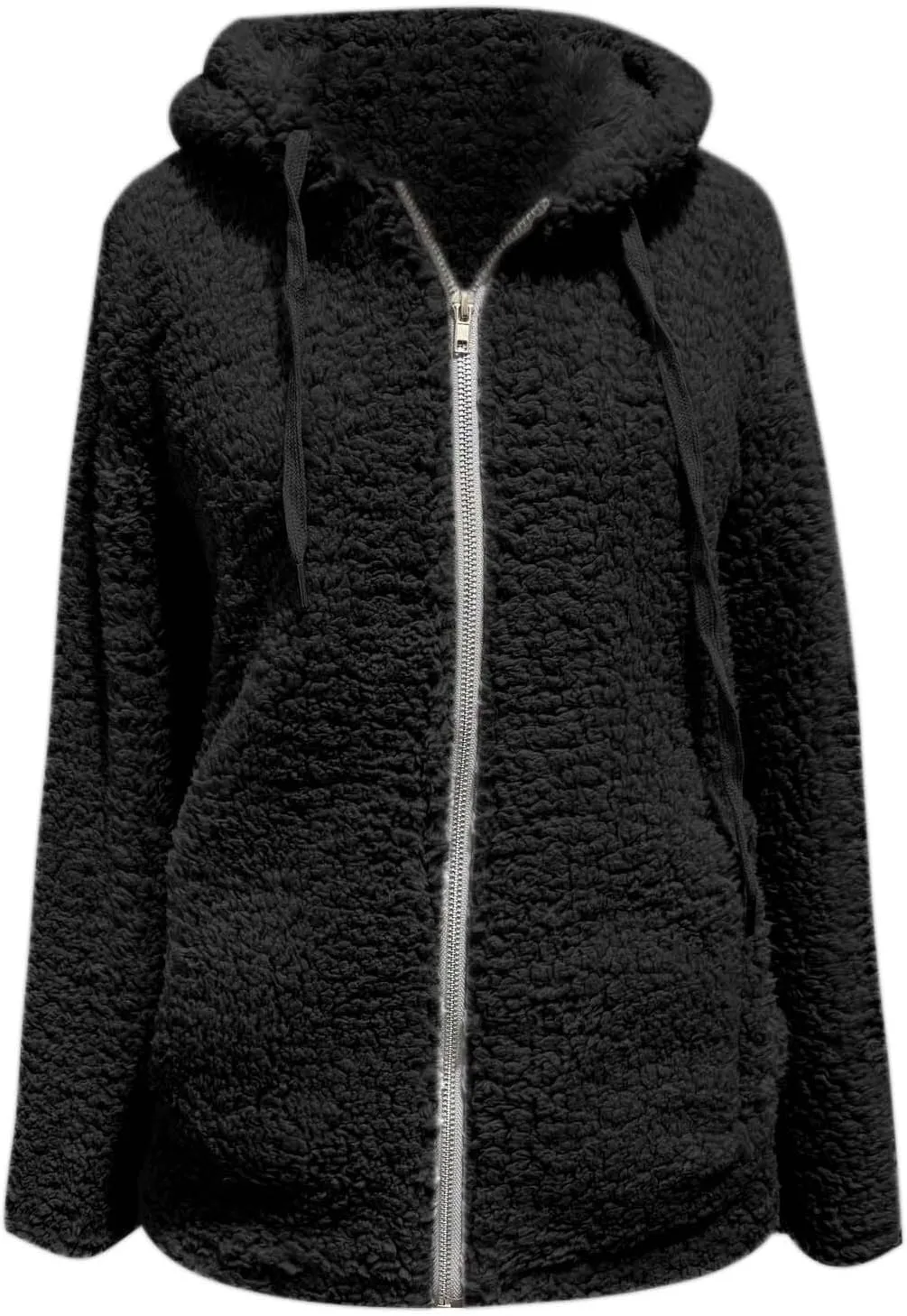 Fuzzy Fleece Jackets for Women Long Sleeve Drawstring Full Zip Jacket Solid Color Loose Fit Lightweight Warm Coats
