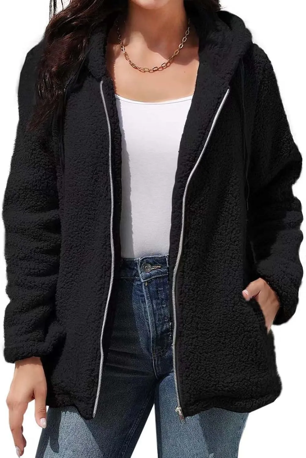 Fuzzy Fleece Jackets for Women Long Sleeve Drawstring Full Zip Jacket Solid Color Loose Fit Lightweight Warm Coats