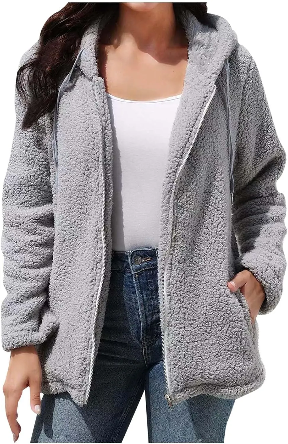 Fuzzy Fleece Jackets for Women Long Sleeve Drawstring Full Zip Jacket Solid Color Loose Fit Lightweight Warm Coats