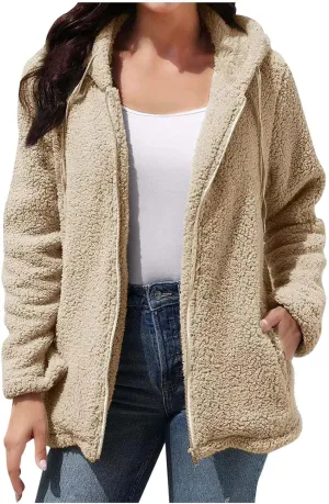 Fuzzy Fleece Jackets for Women Long Sleeve Drawstring Full Zip Jacket Solid Color Loose Fit Lightweight Warm Coats