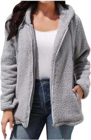 Fuzzy Fleece Jackets for Women Long Sleeve Drawstring Full Zip Jacket Solid Color Loose Fit Lightweight Warm Coats