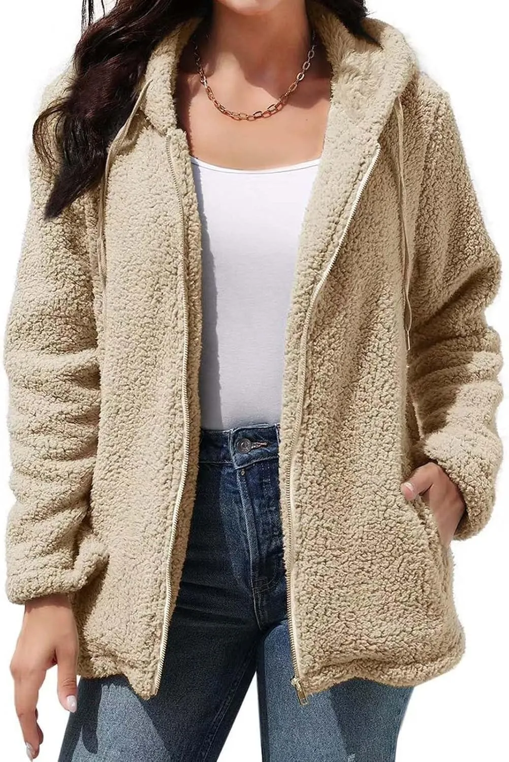 Fuzzy Fleece Jackets for Women Long Sleeve Drawstring Full Zip Jacket Solid Color Loose Fit Lightweight Warm Coats