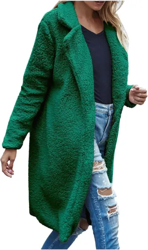 Fuzzy Fleece Jackets for Women Solid Color Long Sleeve Open Front Long Cardigans Jacket Trendy Lapel Oversized Coat
