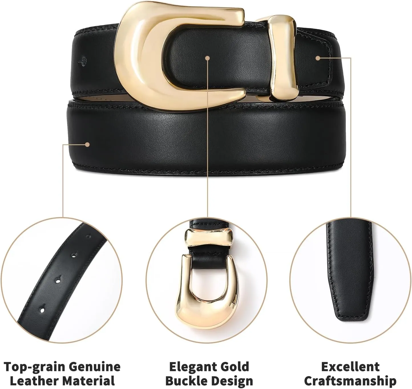 Genuine Leather Belts for Women Belt with Gold Buckle for Jeans Dresses and Casual Outfits