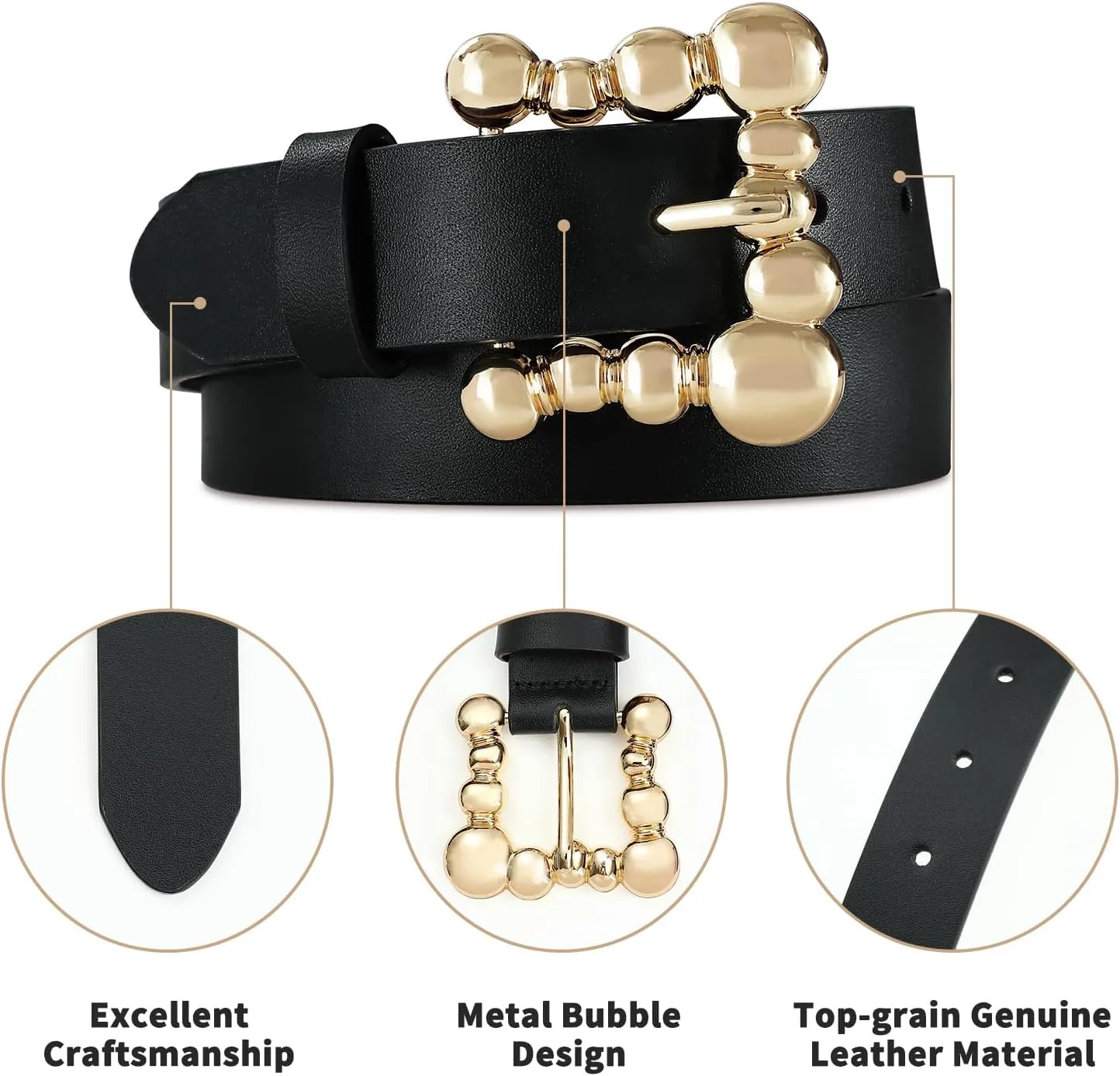 Genuine Leather Belts for Women Belt with Gold Buckle for Jeans Dresses and Casual Outfits