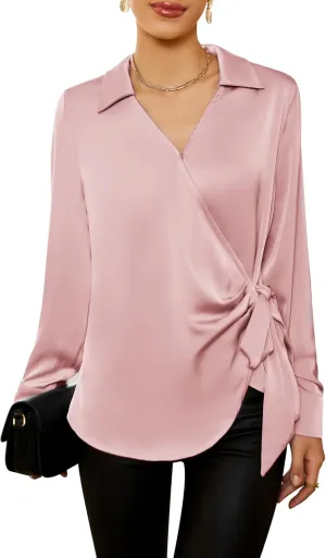 GRACE KARIN Women's Satin Silk Blouses Wrap V Neck Shirts Long Sleeve Elegant Tie Waist Office Formal Work Tunic PulloverTops