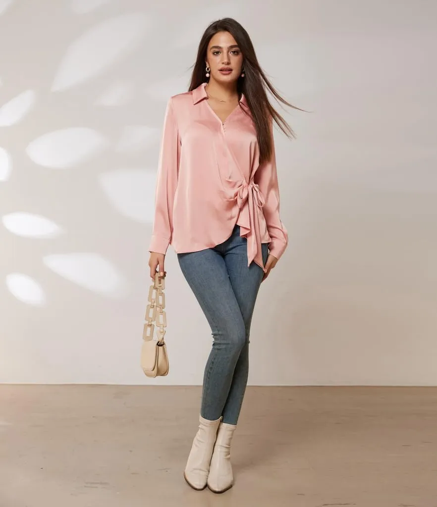 GRACE KARIN Women's Satin Silk Blouses Wrap V Neck Shirts Long Sleeve Elegant Tie Waist Office Formal Work Tunic PulloverTops