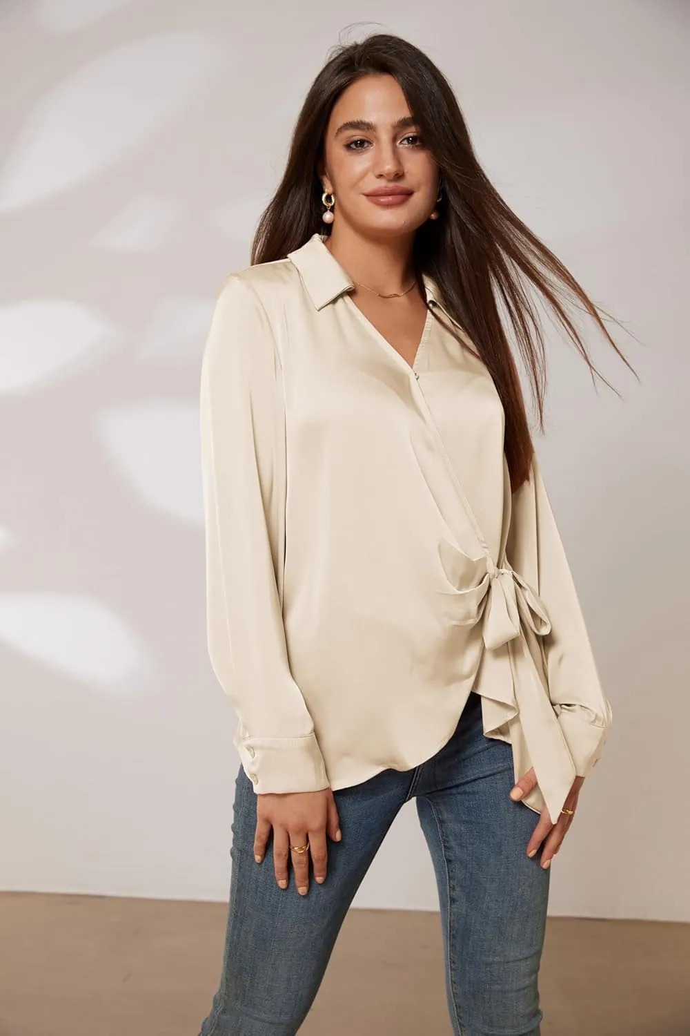 GRACE KARIN Women's Satin Silk Blouses Wrap V Neck Shirts Long Sleeve Elegant Tie Waist Office Formal Work Tunic PulloverTops