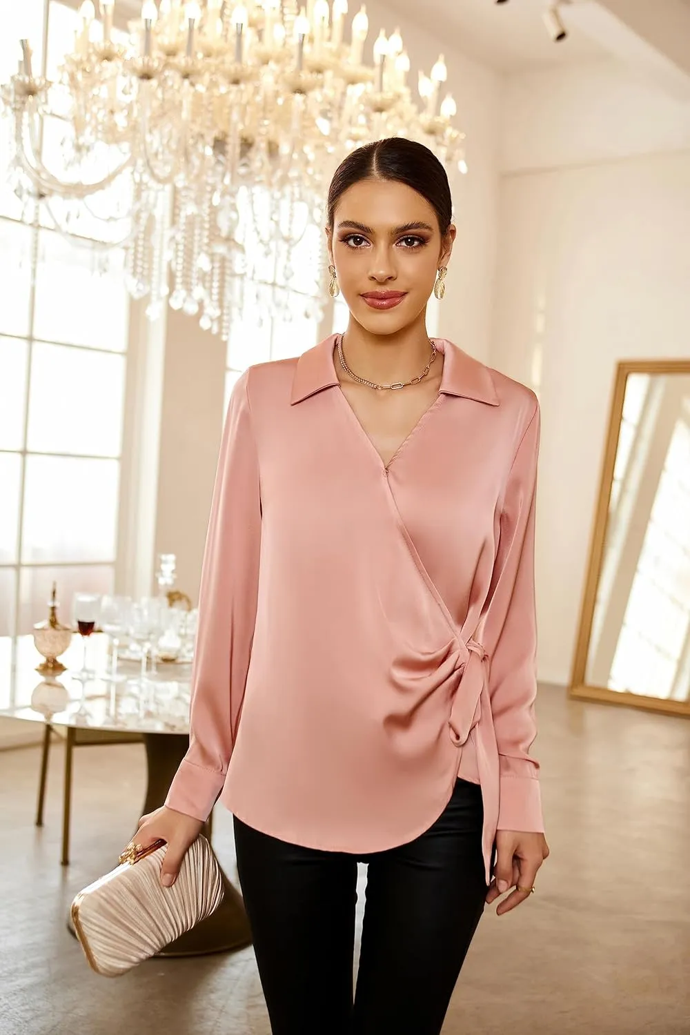 GRACE KARIN Women's Satin Silk Blouses Wrap V Neck Shirts Long Sleeve Elegant Tie Waist Office Formal Work Tunic PulloverTops