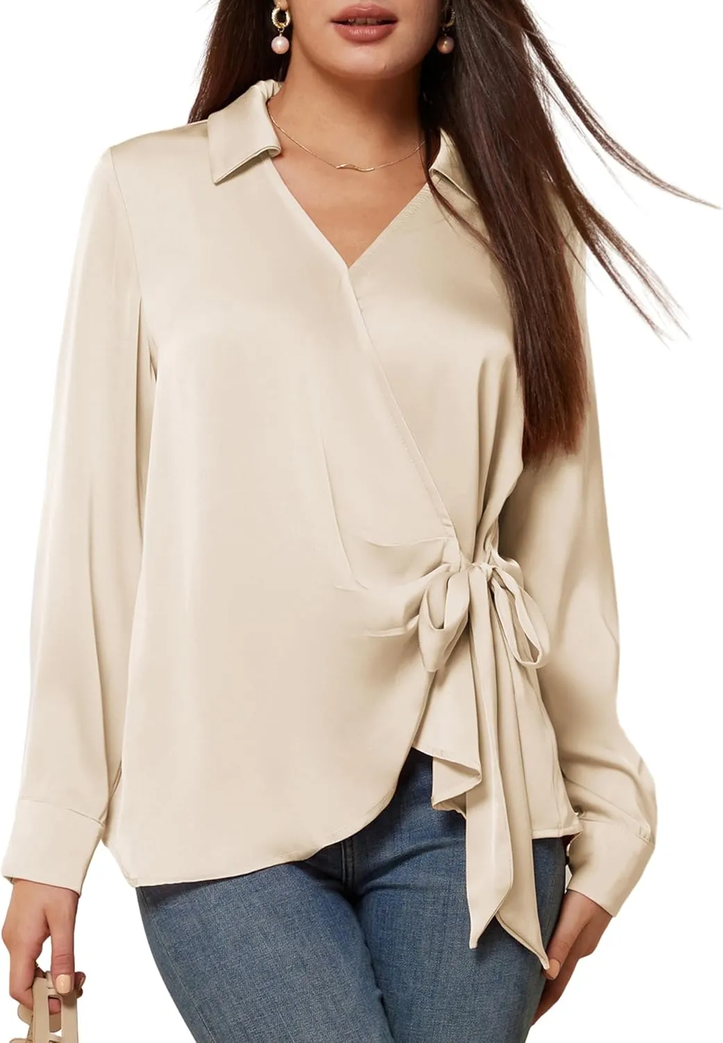 GRACE KARIN Women's Satin Silk Blouses Wrap V Neck Shirts Long Sleeve Elegant Tie Waist Office Formal Work Tunic PulloverTops