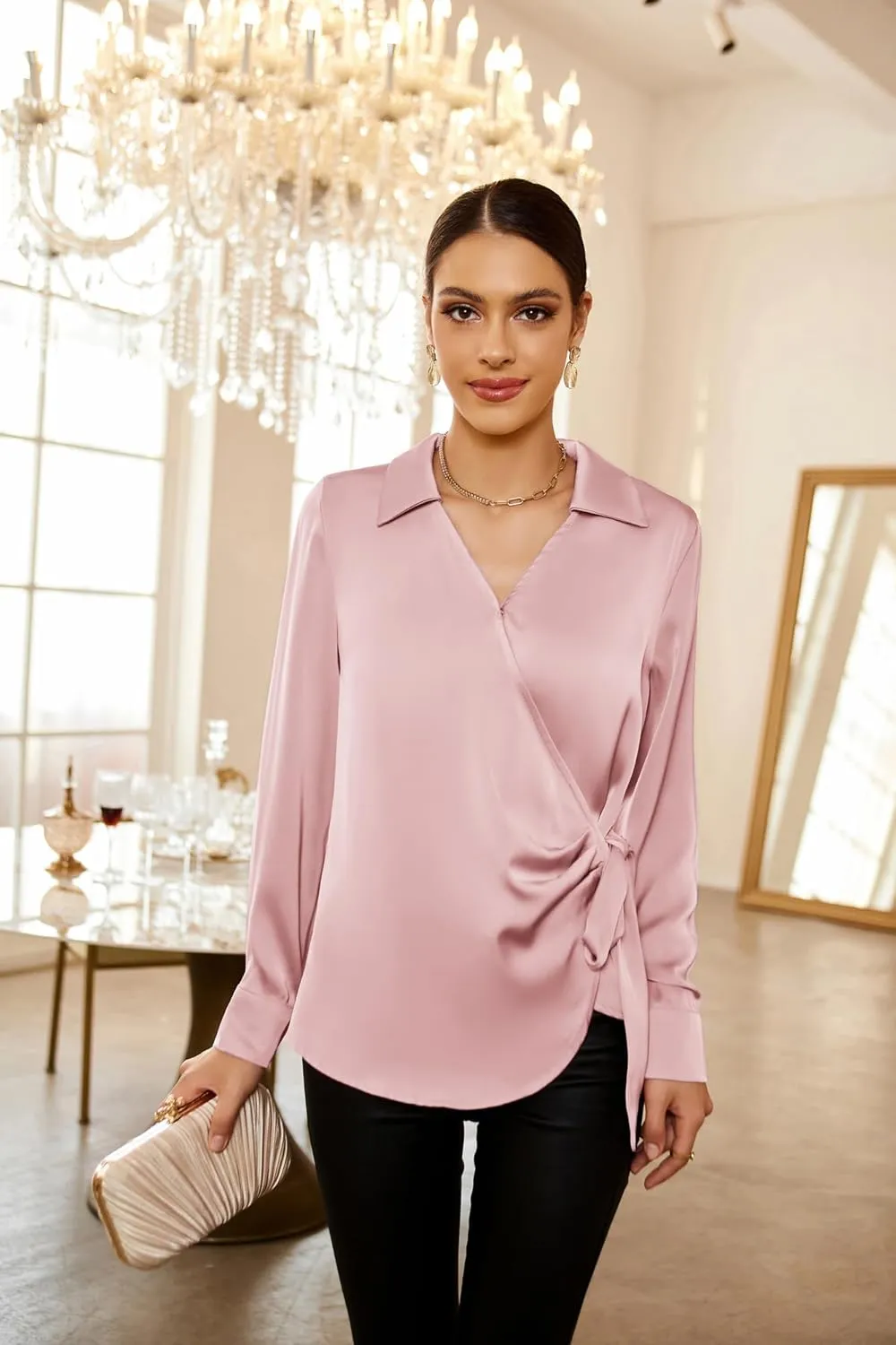 GRACE KARIN Women's Satin Silk Blouses Wrap V Neck Shirts Long Sleeve Elegant Tie Waist Office Formal Work Tunic PulloverTops