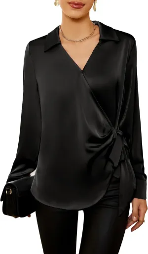 GRACE KARIN Women's Satin Silk Blouses Wrap V Neck Shirts Long Sleeve Elegant Tie Waist Office Formal Work Tunic PulloverTops