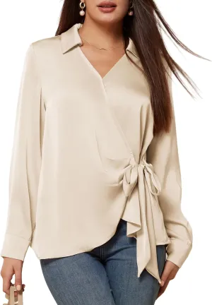 GRACE KARIN Women's Satin Silk Blouses Wrap V Neck Shirts Long Sleeve Elegant Tie Waist Office Formal Work Tunic PulloverTops
