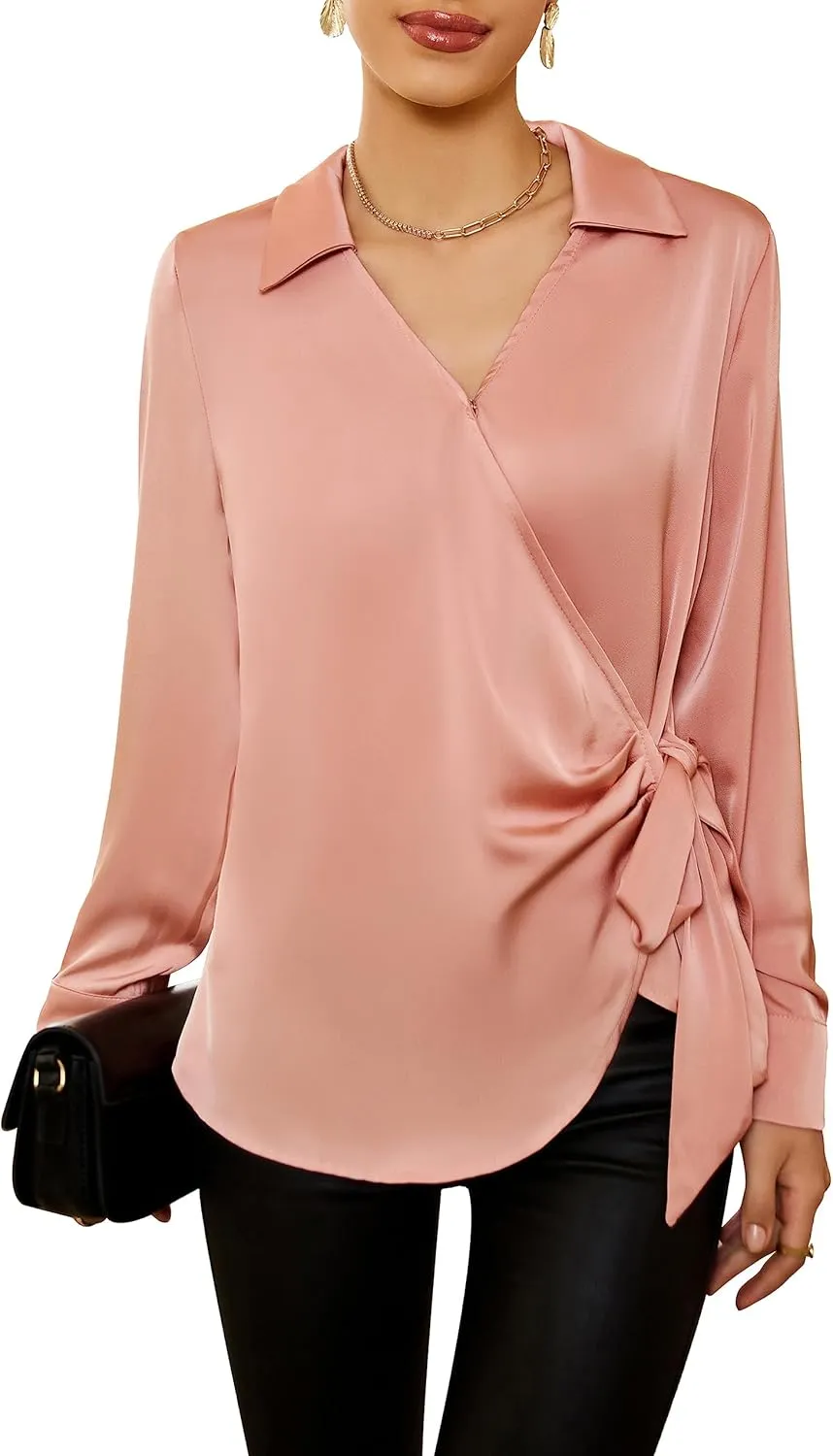 GRACE KARIN Women's Satin Silk Blouses Wrap V Neck Shirts Long Sleeve Elegant Tie Waist Office Formal Work Tunic PulloverTops
