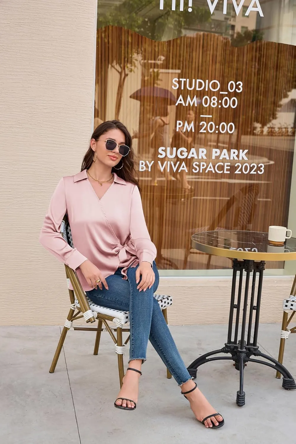 GRACE KARIN Women's Satin Silk Blouses Wrap V Neck Shirts Long Sleeve Elegant Tie Waist Office Formal Work Tunic PulloverTops