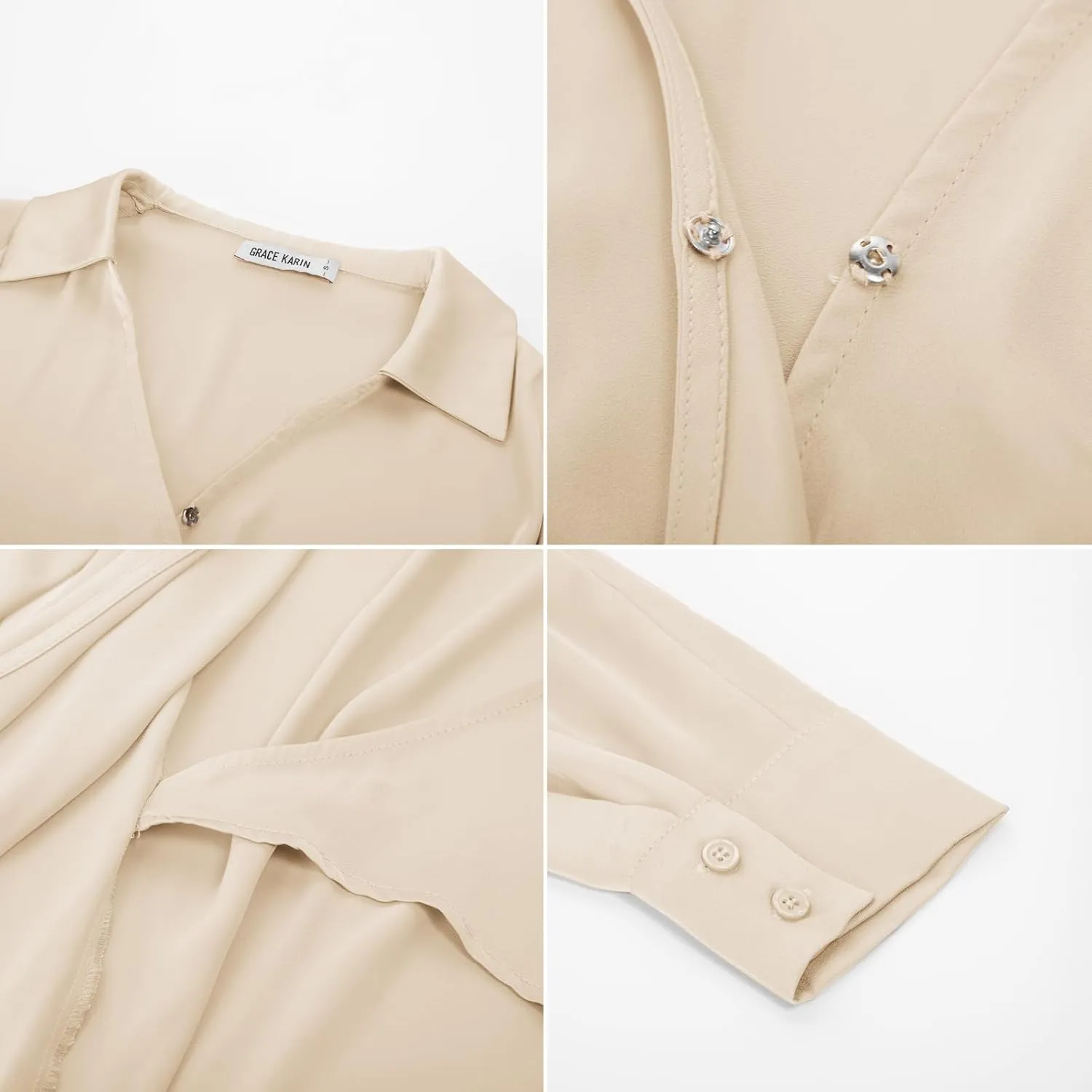 GRACE KARIN Women's Satin Silk Blouses Wrap V Neck Shirts Long Sleeve Elegant Tie Waist Office Formal Work Tunic PulloverTops