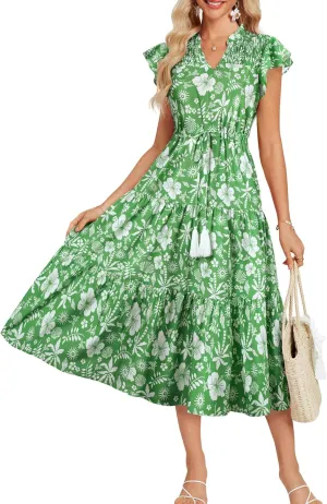 GRACE KARIN Womens Summer Floral Midi Dresses Short Sleeve Beach Wedding Guest Dress Drawstring Long Flowy Dress with Pockets