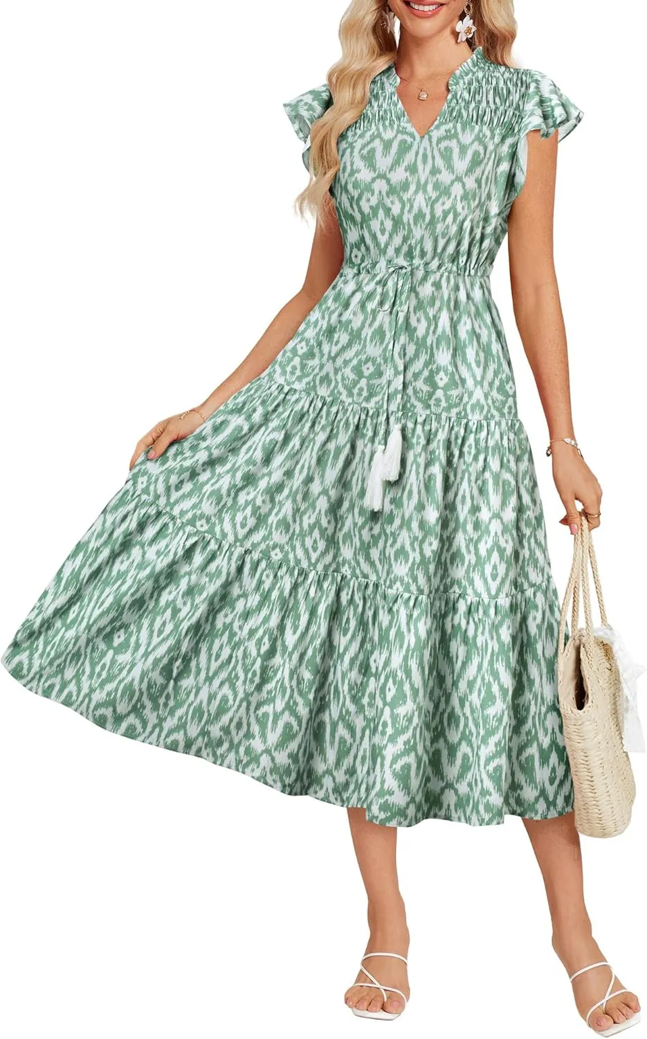 GRACE KARIN Womens Summer Floral Midi Dresses Short Sleeve Beach Wedding Guest Dress Drawstring Long Flowy Dress with Pockets