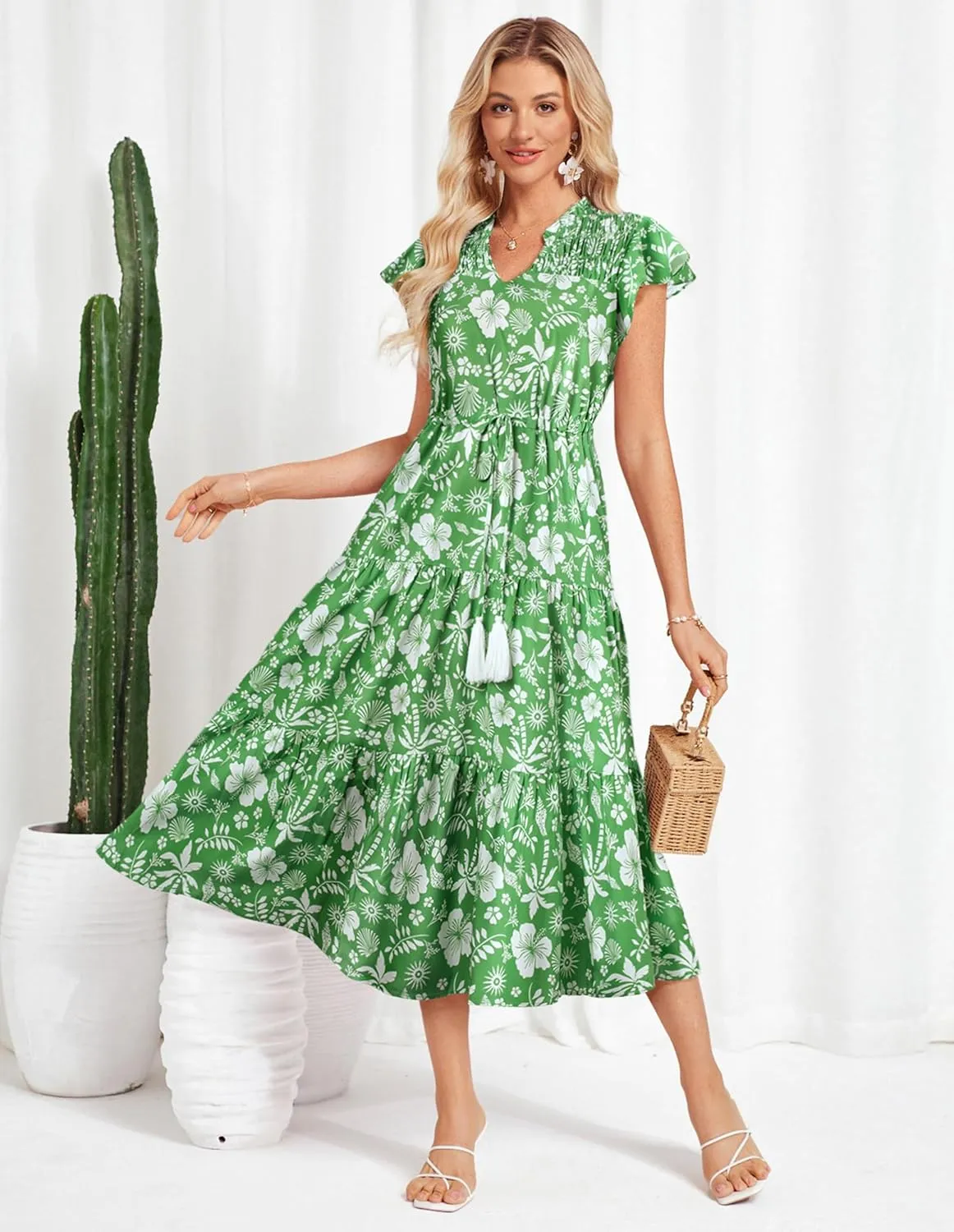 GRACE KARIN Womens Summer Floral Midi Dresses Short Sleeve Beach Wedding Guest Dress Drawstring Long Flowy Dress with Pockets