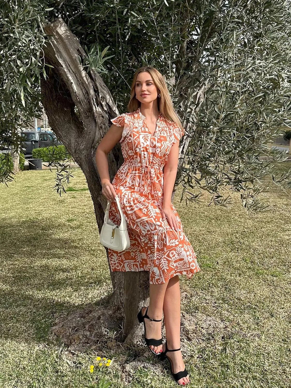 GRACE KARIN Womens Summer Floral Midi Dresses Short Sleeve Beach Wedding Guest Dress Drawstring Long Flowy Dress with Pockets