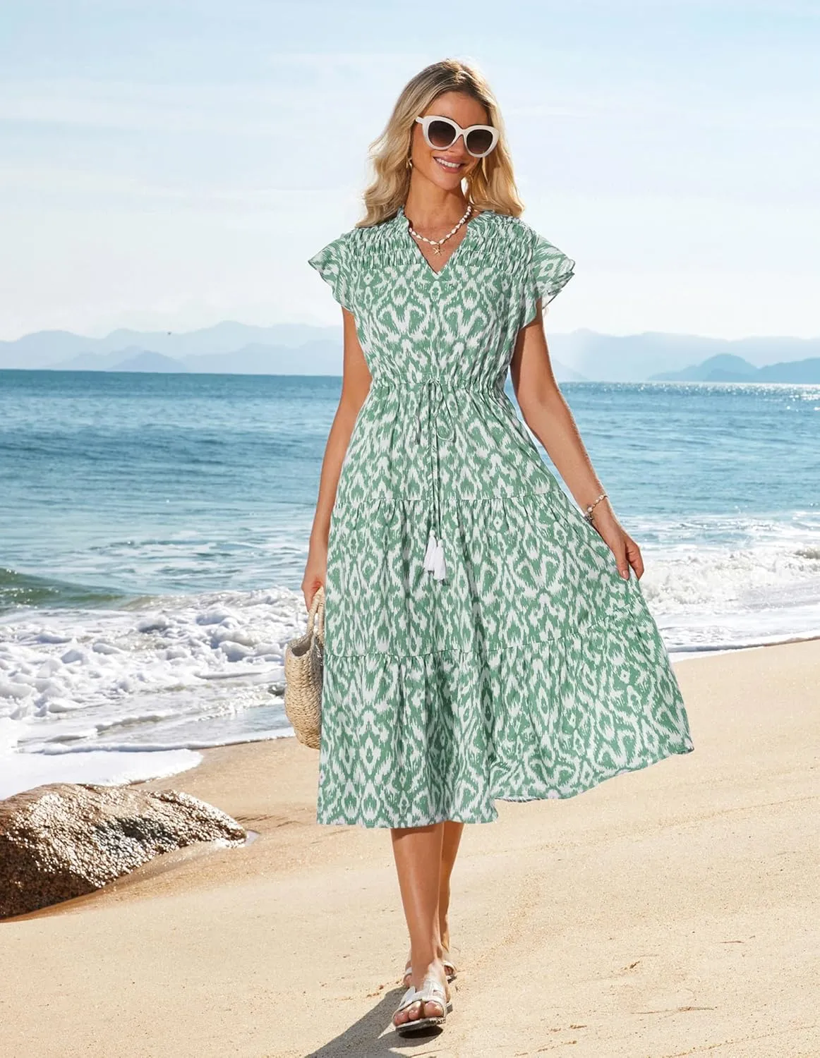 GRACE KARIN Womens Summer Floral Midi Dresses Short Sleeve Beach Wedding Guest Dress Drawstring Long Flowy Dress with Pockets