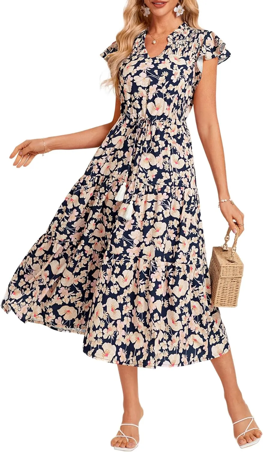 GRACE KARIN Womens Summer Floral Midi Dresses Short Sleeve Beach Wedding Guest Dress Drawstring Long Flowy Dress with Pockets