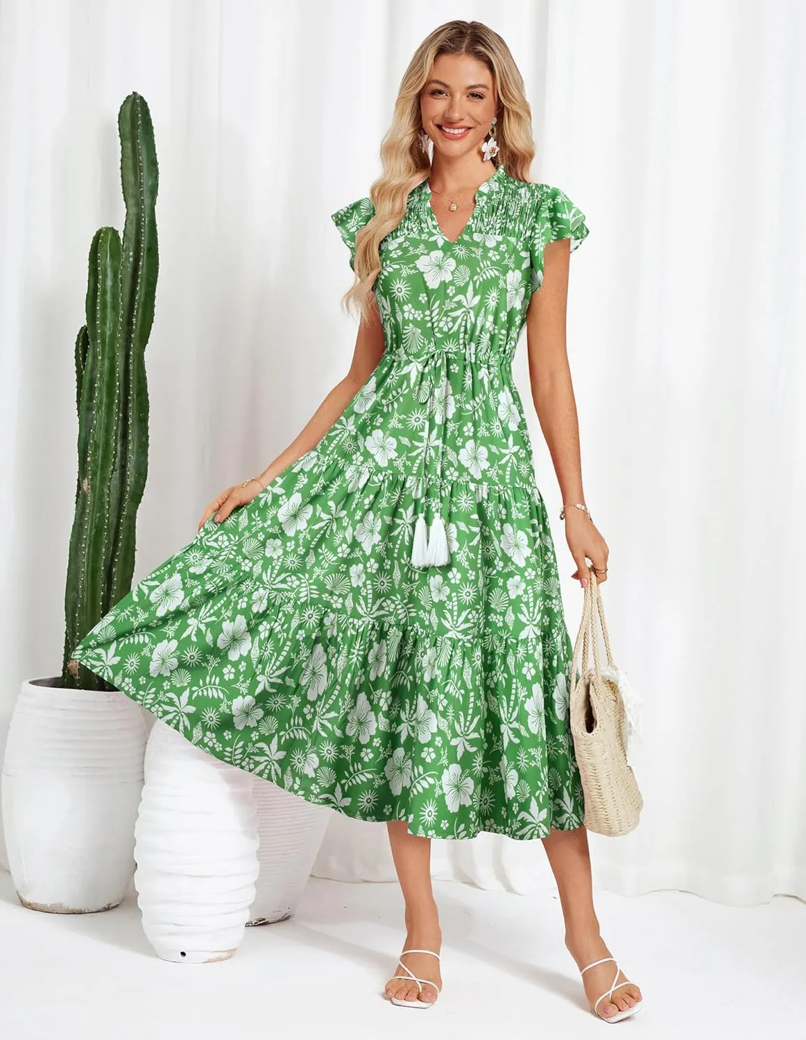 GRACE KARIN Womens Summer Floral Midi Dresses Short Sleeve Beach Wedding Guest Dress Drawstring Long Flowy Dress with Pockets