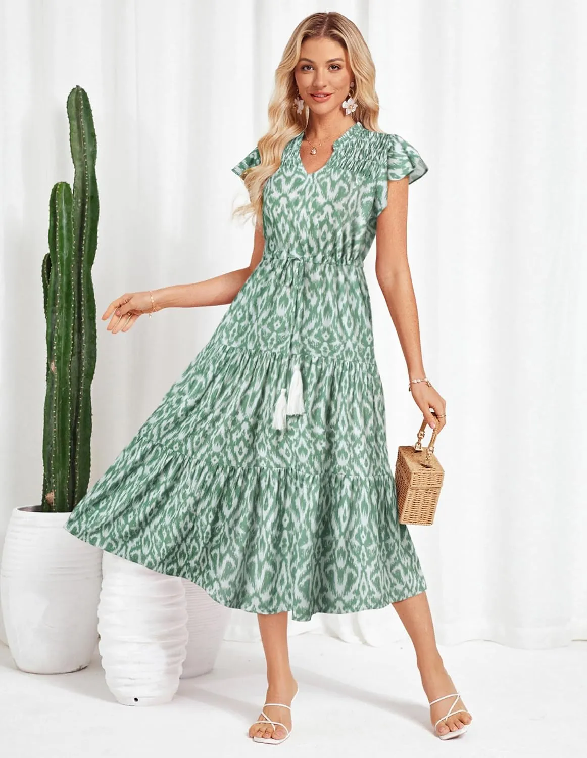 GRACE KARIN Womens Summer Floral Midi Dresses Short Sleeve Beach Wedding Guest Dress Drawstring Long Flowy Dress with Pockets