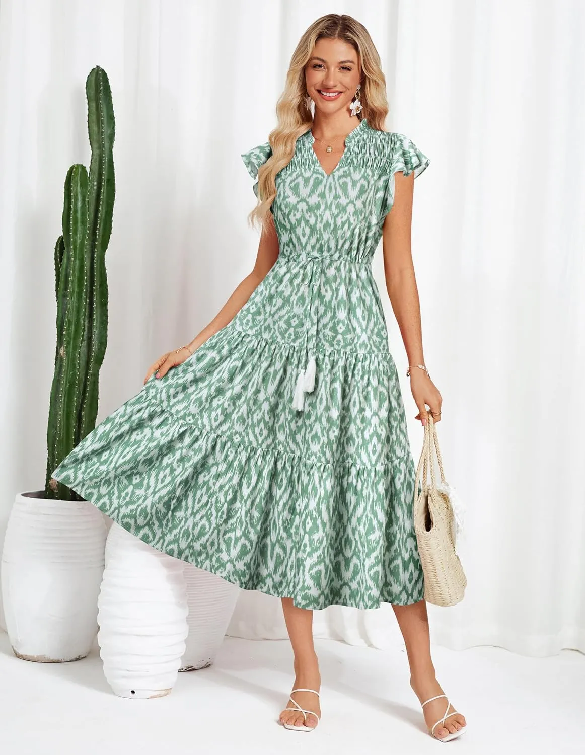 GRACE KARIN Womens Summer Floral Midi Dresses Short Sleeve Beach Wedding Guest Dress Drawstring Long Flowy Dress with Pockets