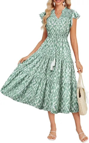 GRACE KARIN Womens Summer Floral Midi Dresses Short Sleeve Beach Wedding Guest Dress Drawstring Long Flowy Dress with Pockets