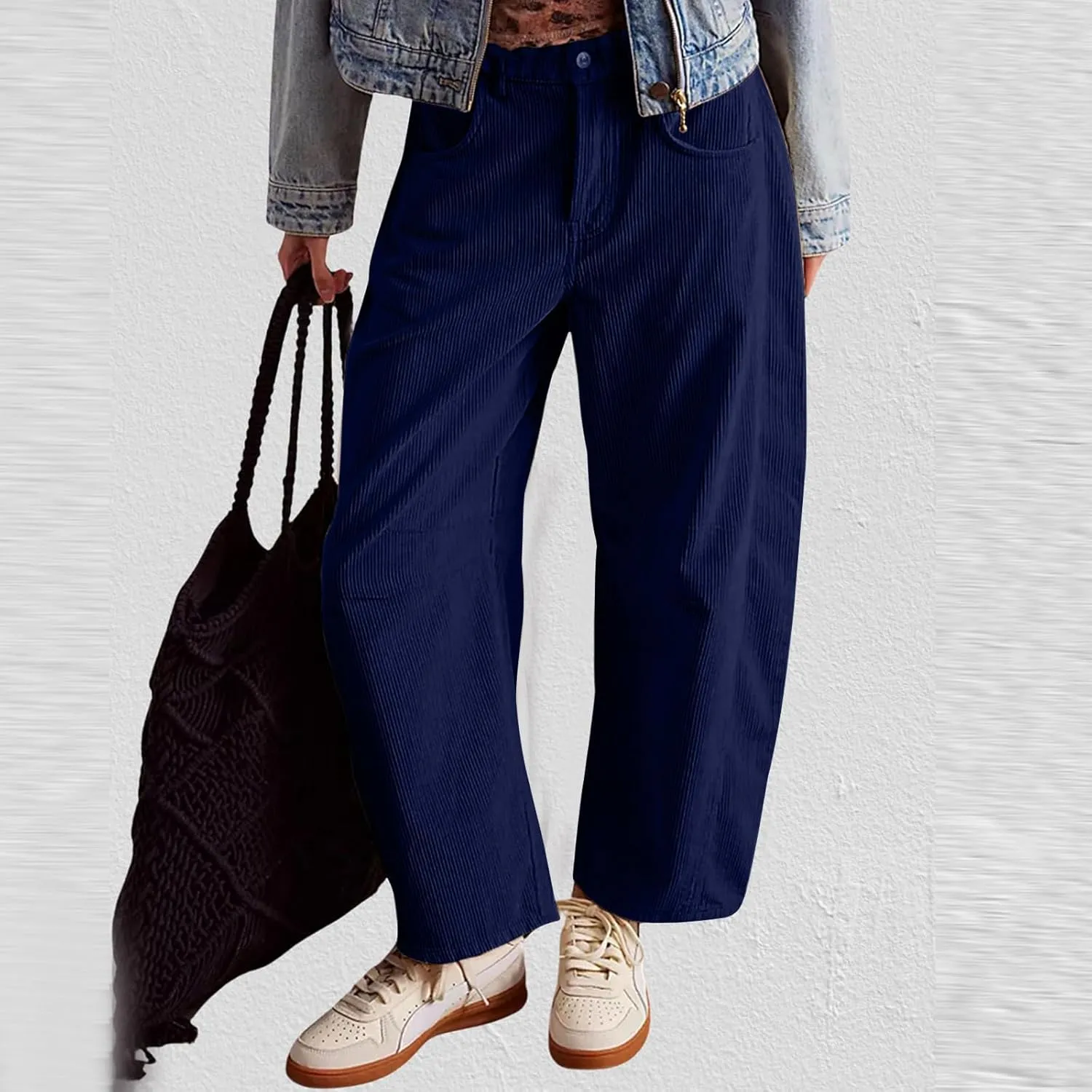 Gumipy Womens Corduroy Pants Casual Elastic Mid Rise Barrel Pants Baggy Wide Leg Pants Trendy Cropped Pants with Pockets