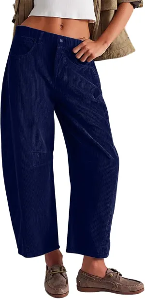 Gumipy Womens Corduroy Pants Casual Elastic Mid Rise Barrel Pants Baggy Wide Leg Pants Trendy Cropped Pants with Pockets