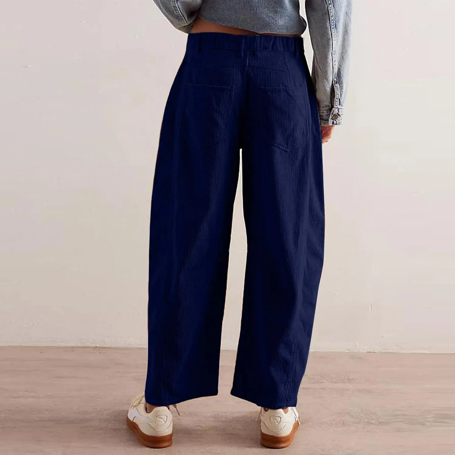Gumipy Womens Corduroy Pants Casual Elastic Mid Rise Barrel Pants Baggy Wide Leg Pants Trendy Cropped Pants with Pockets