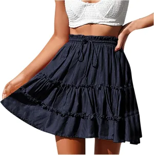 hlysgo Ruffle Mini Skirt for Women High Waisted Tiered A-Line Casual Summer Vacation Boho Beach Trendy Flowy Short Skirts