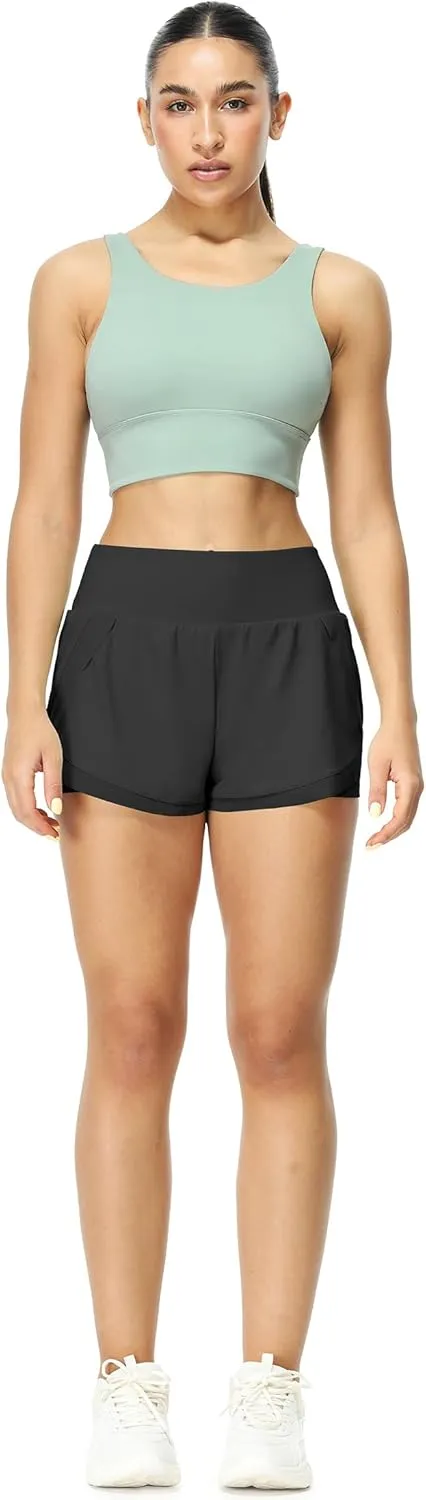 icyzone Women's Athletic Shorts - UPF50  Gym Running Workout Shorts 2-in-1 Tummy Control Quick Dry