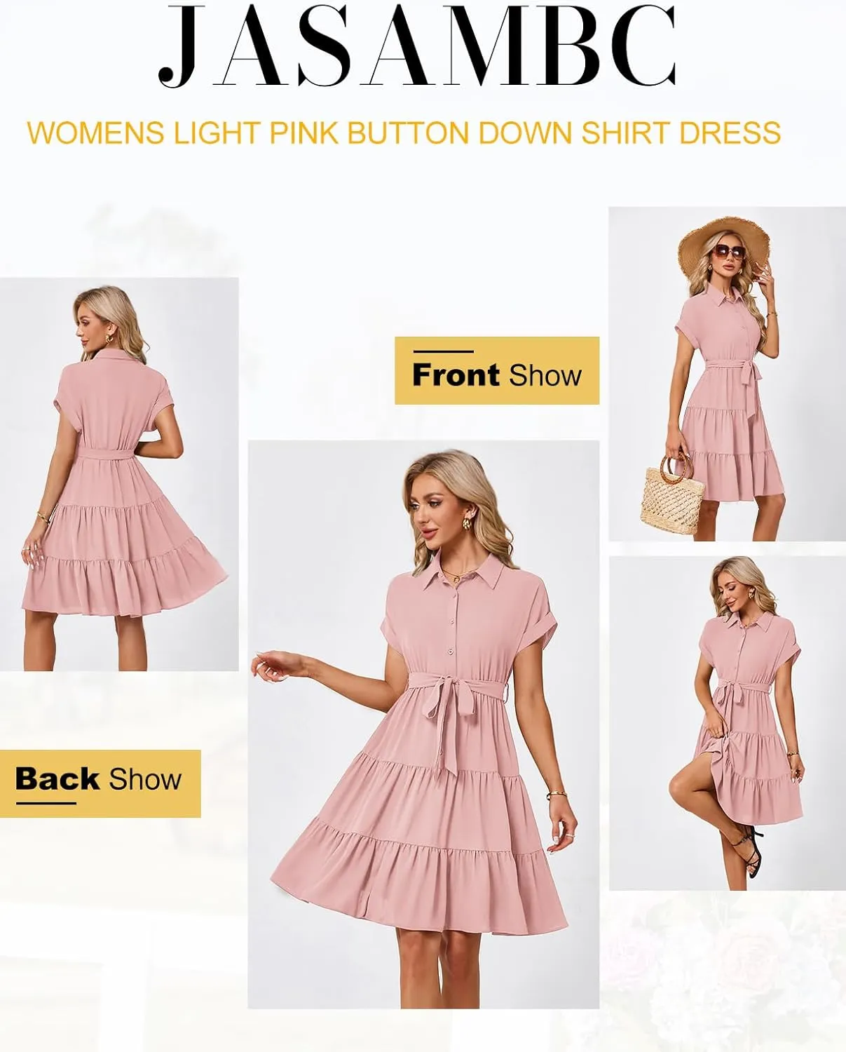 JASAMBAC Women's Button Down Shirt Dress 2025 Casual Work Summer Collared V Neck Elastic Waist Flowy Pocket Beach Sundress
