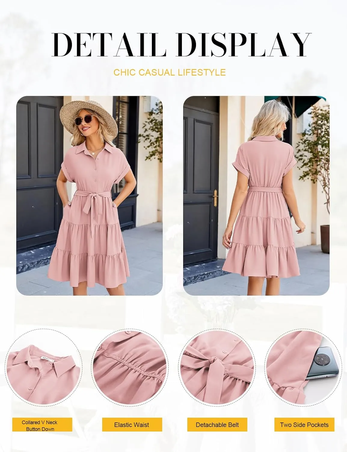 JASAMBAC Women's Button Down Shirt Dress 2025 Casual Work Summer Collared V Neck Elastic Waist Flowy Pocket Beach Sundress