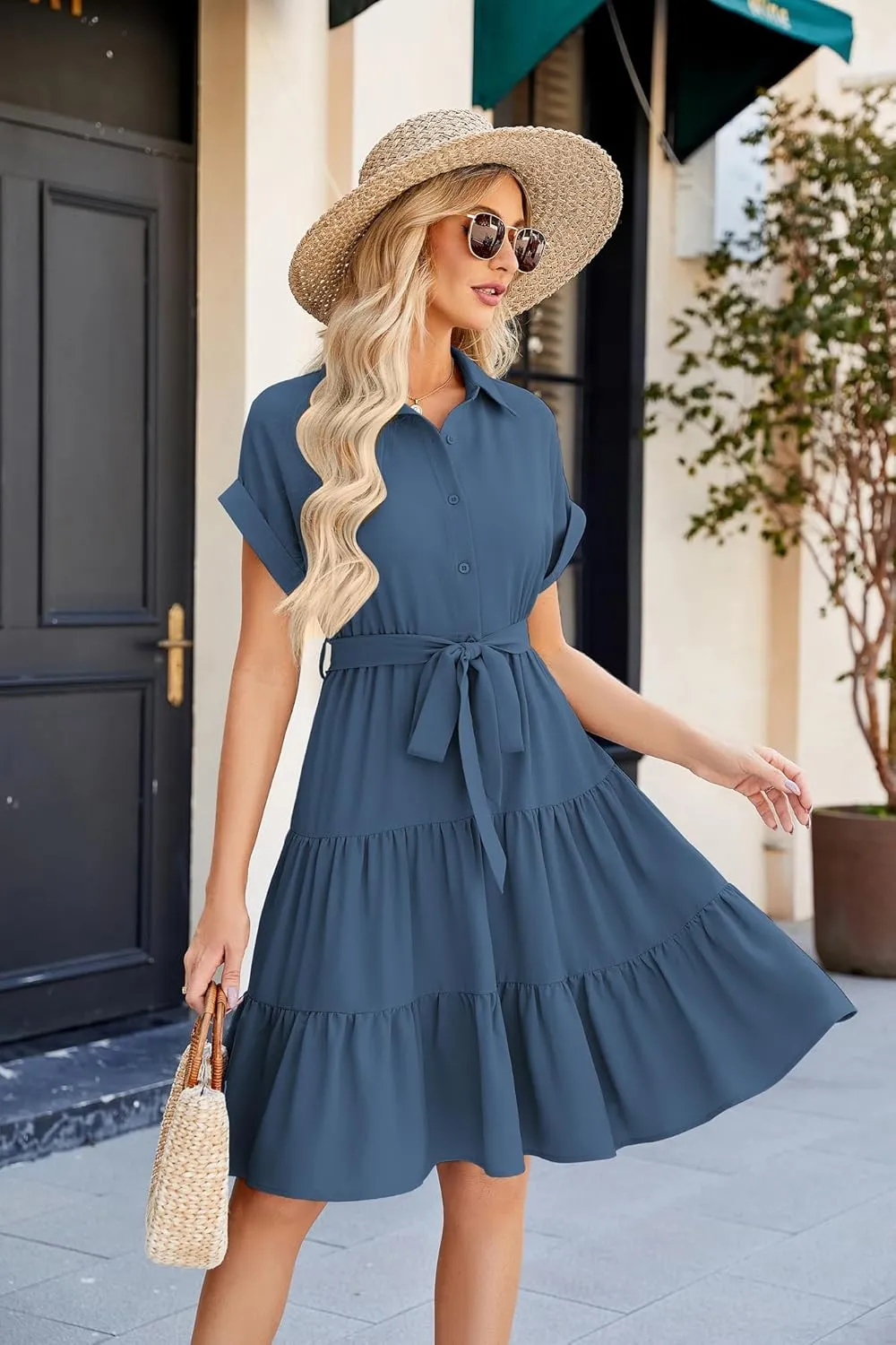 JASAMBAC Women's Button Down Shirt Dress 2025 Casual Work Summer Collared V Neck Elastic Waist Flowy Pocket Beach Sundress