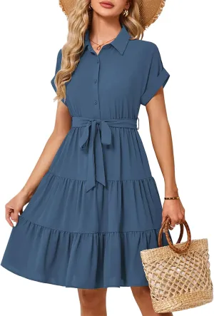 JASAMBAC Women's Button Down Shirt Dress 2025 Casual Work Summer Collared V Neck Elastic Waist Flowy Pocket Beach Sundress