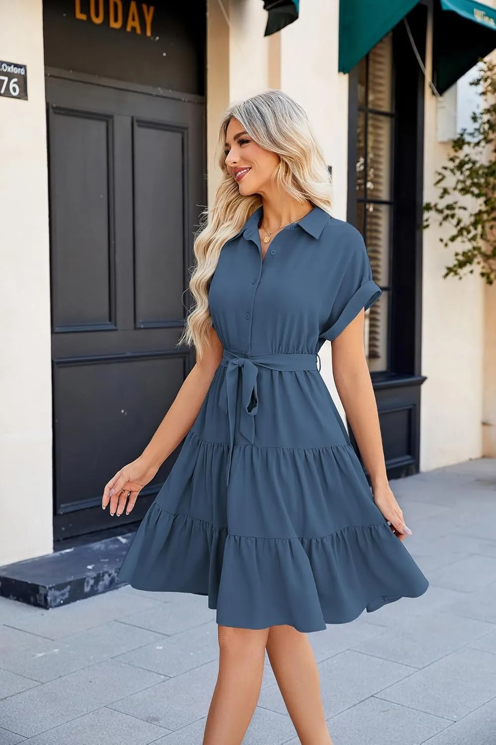 JASAMBAC Women's Button Down Shirt Dress 2025 Casual Work Summer Collared V Neck Elastic Waist Flowy Pocket Beach Sundress