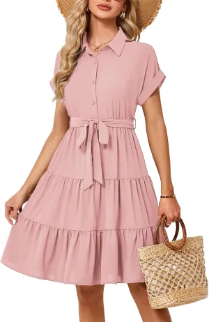 JASAMBAC Women's Button Down Shirt Dress 2025 Casual Work Summer Collared V Neck Elastic Waist Flowy Pocket Beach Sundress