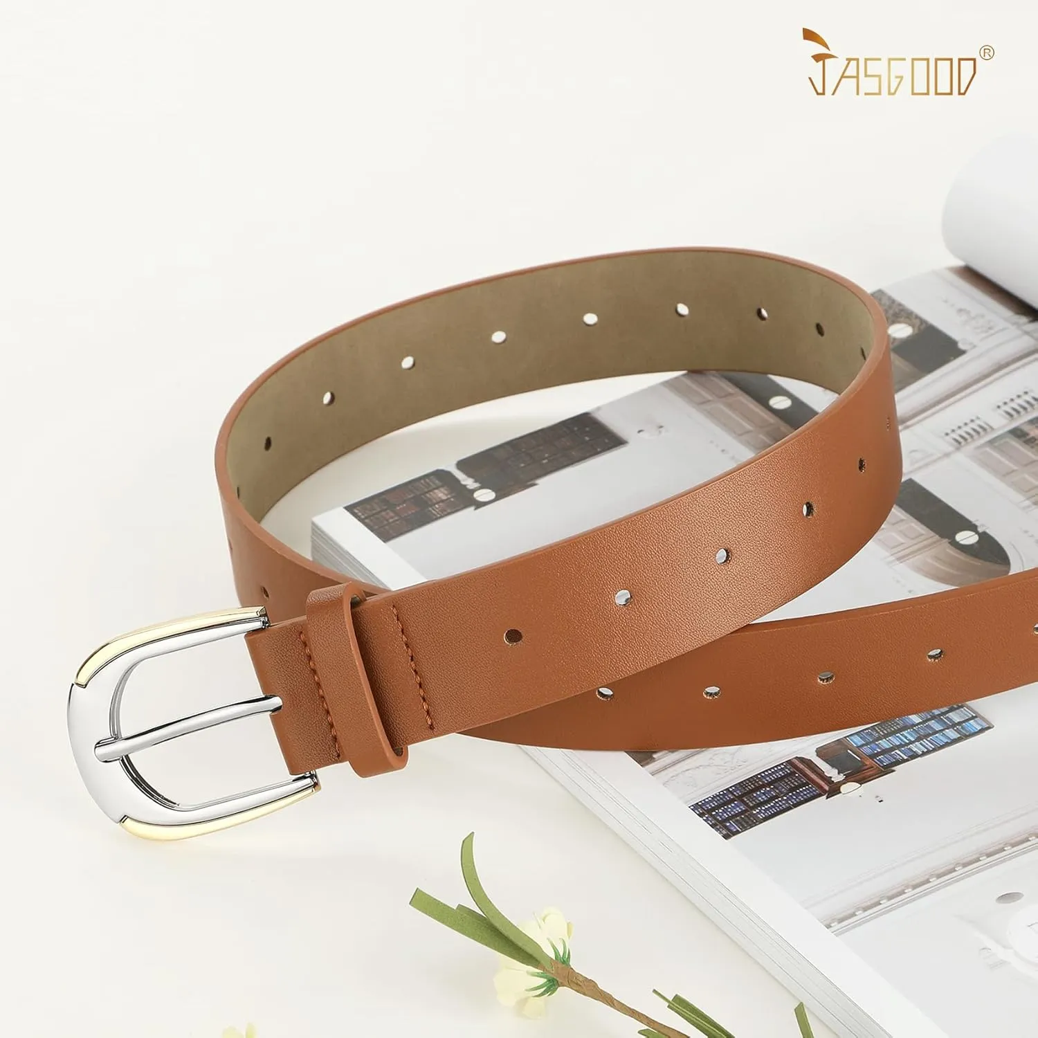 JASGOOD Women's Leather Belts for Jeans Pants Dresses Ladies Faux Leather Waist Belts with Gold and Silver Buckle
