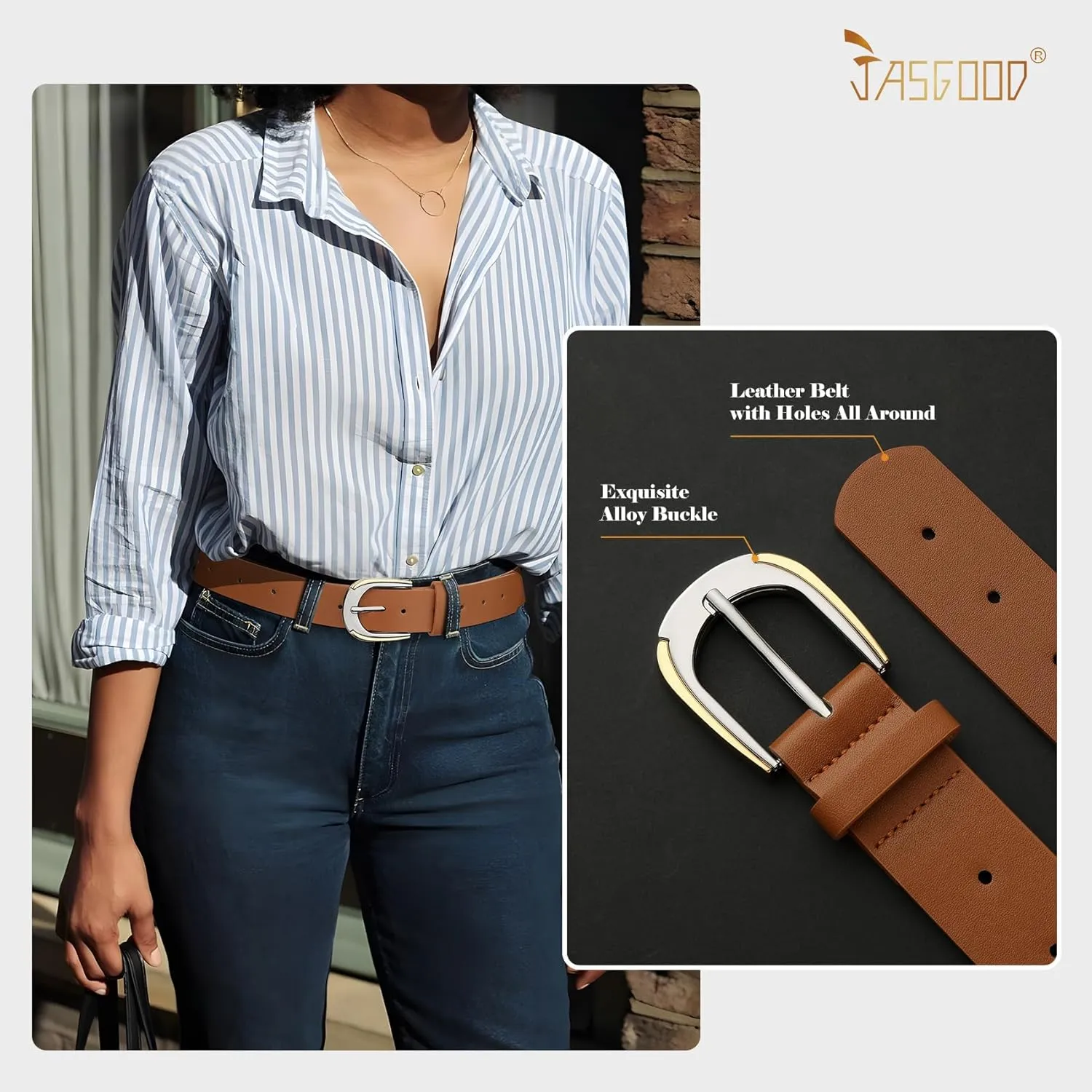 JASGOOD Women's Leather Belts for Jeans Pants Dresses Ladies Faux Leather Waist Belts with Gold and Silver Buckle