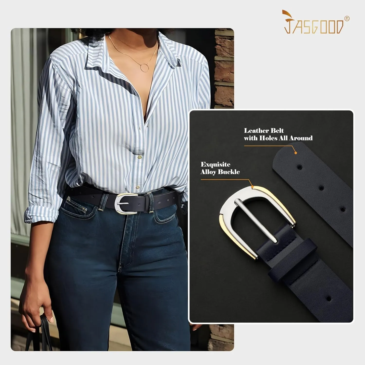 JASGOOD Women's Leather Belts for Jeans Pants Dresses Ladies Faux Leather Waist Belts with Gold and Silver Buckle