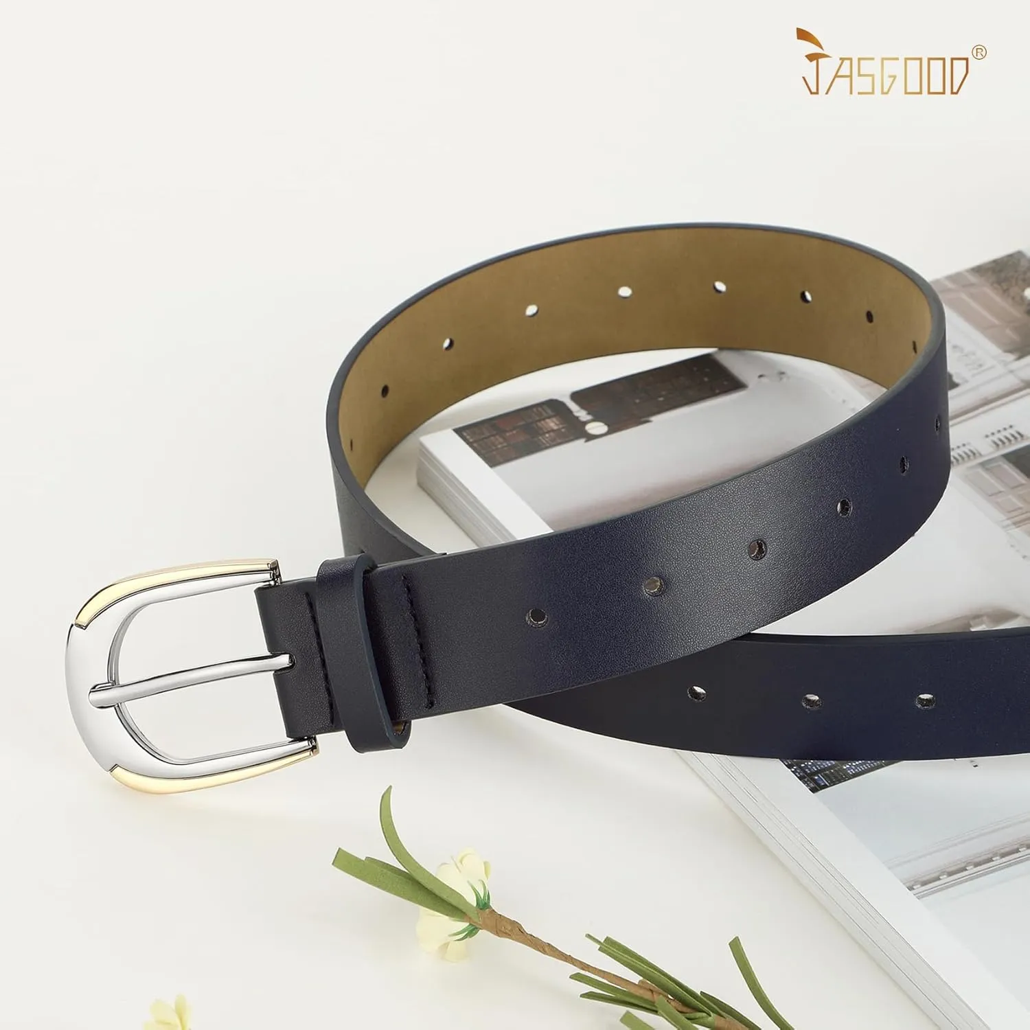 JASGOOD Women's Leather Belts for Jeans Pants Dresses Ladies Faux Leather Waist Belts with Gold and Silver Buckle